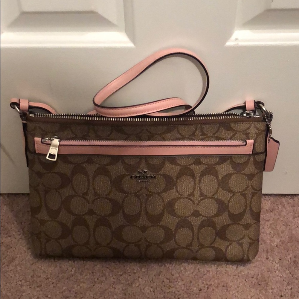 Tan and pink coach cross body